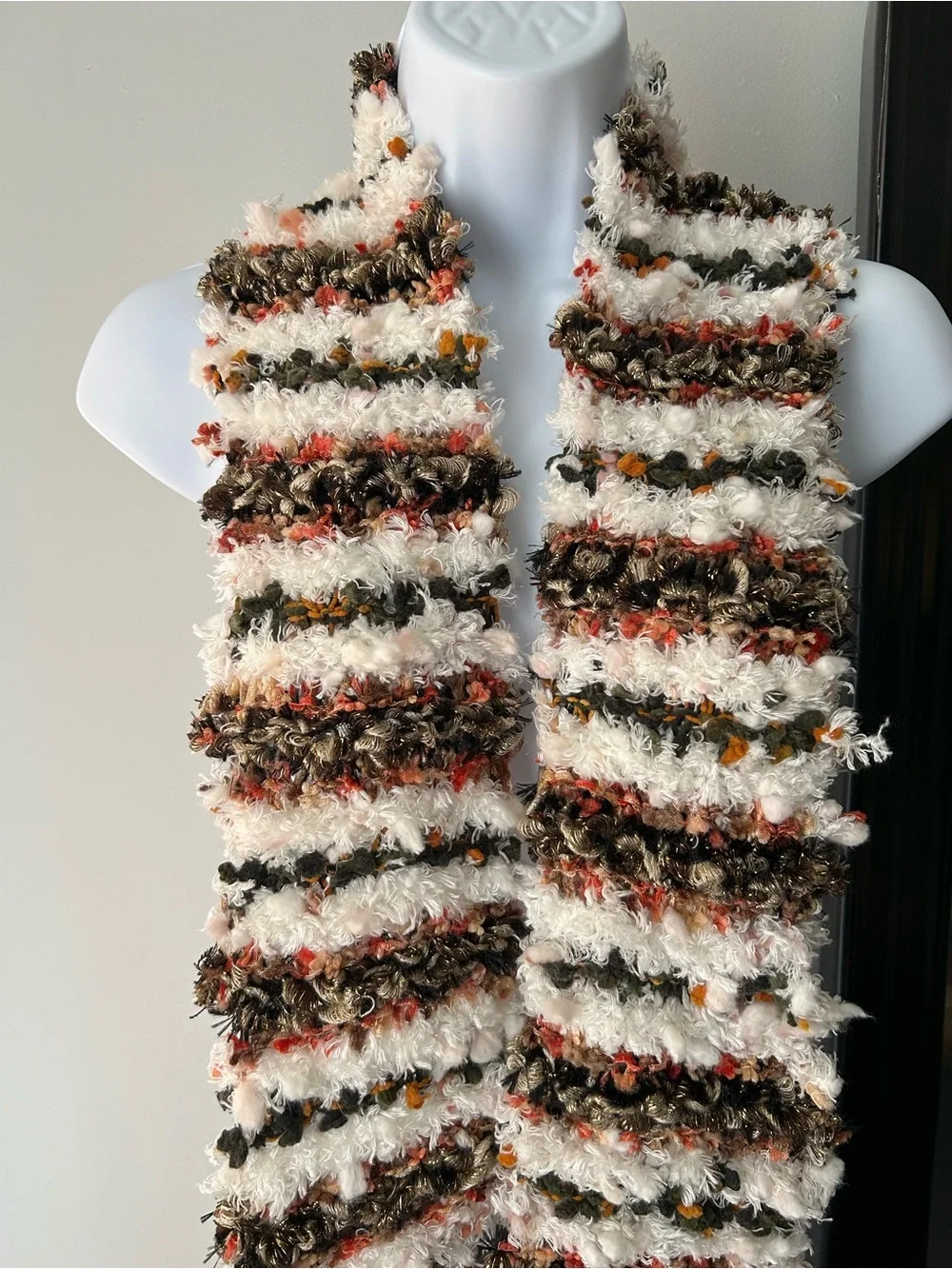 Textured Stripe Fuzzy Knit Scarf - White, Brown & Orange
